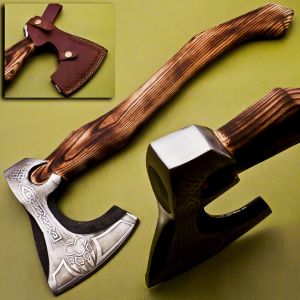Handmade Steel Carbon Axe & Leather Sheath” Natural Rose Wood Handle