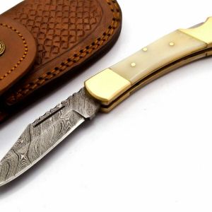 Handmade Damascus Steel Lock Back Folding Knife” Camel Bone Handle